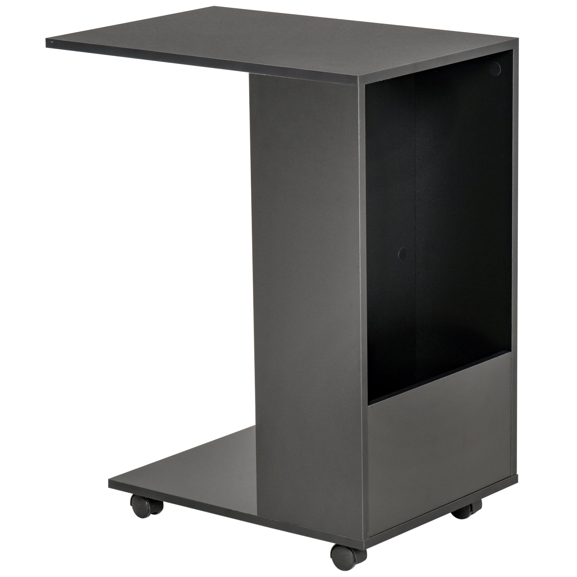 HOMCOM Mobile Sofa Side Table C-Shape End Table with Storage and Casters for Laptop Coffee Snack, Black